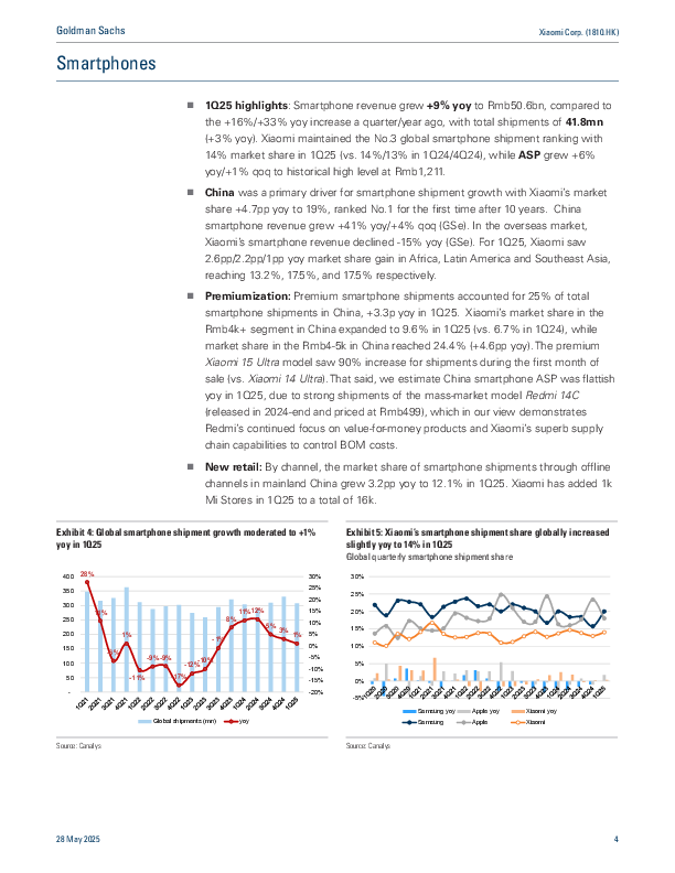 英文小米集团(1810.HK)业绩回顾:2025年第一季度业绩因AIoT-电动汽车业务及强劲的中国销售而超预期;未来一个月将有重要事件;上调目标价并重申买入 (2)